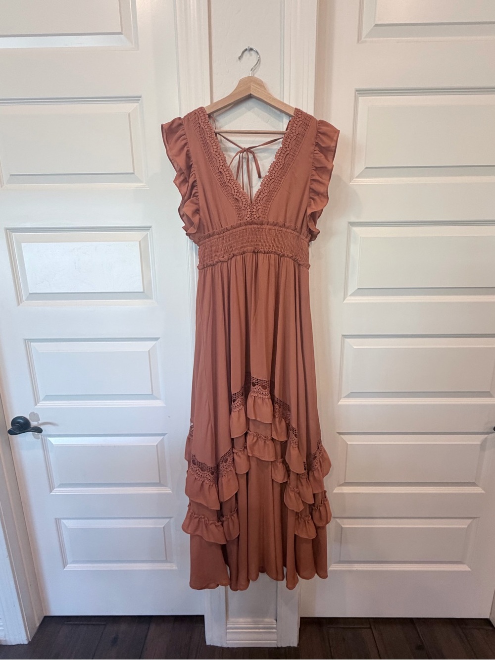 Baltic Born Ruffled V-Neck Maxi Dress in burnt orange/sienna